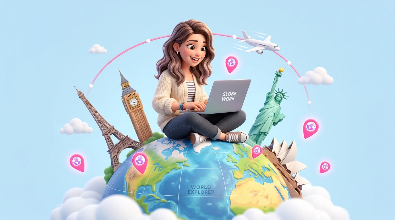 Outré global community learner sitting on Earth globe with landmarks and travel routes